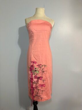 Strapless Pink Bow-Print Midi Dress